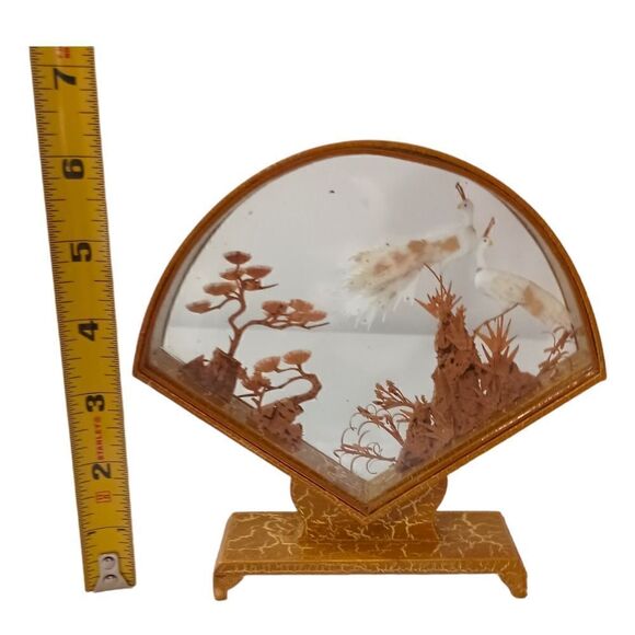 Asian Cork Peacocks Diorama Shadow Box Sculpture Hand Carved Gold Tone Frame Vtg - Picture 2 of 16